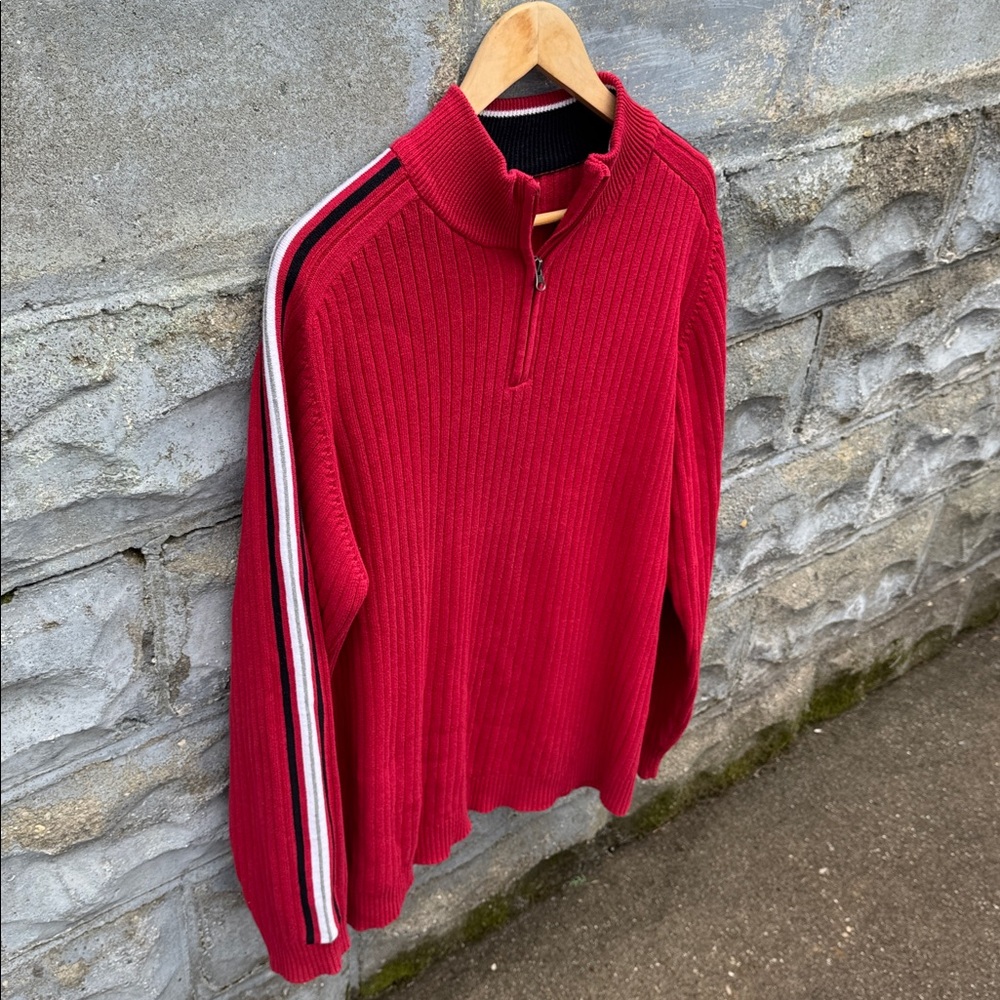 Vintage Y2K 1/4 Zip Sweater Red XL Surf Ribbed Skate 2000s Shoulder Stripes